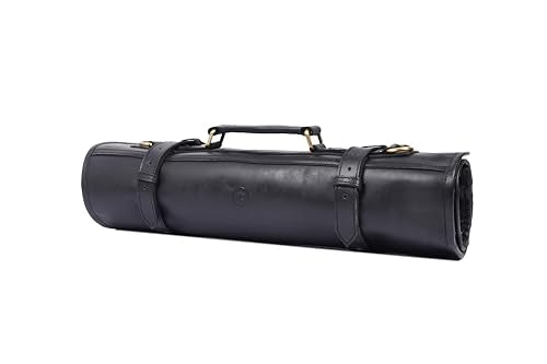 Leather Knife Roll Storage Bag, Elastic and Expandable 10 Pockets, Adjustable/Detachable Shoulder Strap, Travel-Friendly Chef Knife Case (Pitch Black, Leather) - color: Pitch Black