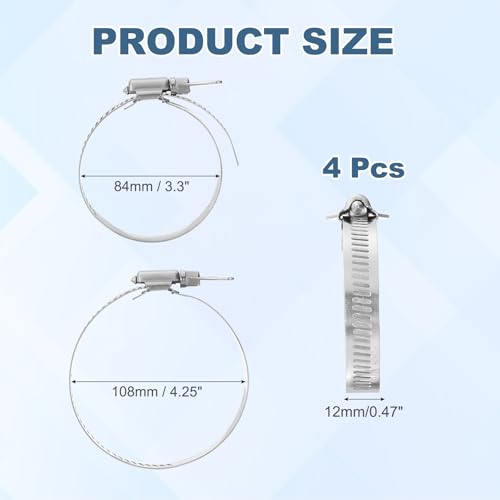HARFINGTON 4pcs Hose Clamps 3.3"-4.3" (84-108mm) Adjustable 304 Stainless Steel Worm Gear Hose Clamps Assortment Kit for Plumbing Dryer Vent Automotive Dust Collector - size: 84-108mm