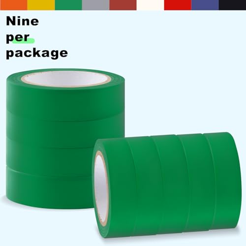 Romeda 9 Pack Electrical Tapes, Electrical Tape Water, Sun, and Oil Resistant, Electrical Tape is Suitable for Most Domestic, Commercial, and Industrial environments - Green - color: Green