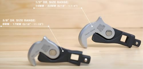 Steel Vision 2pc Crowfoot Wrench Set, Self-Adjusting Spring Jaws, 3/8" & 1/2" Drive, 8–32mm, Serrated Grip, Automotive & Plumbing Tool, Heavy-Duty for Tight Spaces, Replaces Open-End or Pipe Wrench - size: 2pc (8-32mm)
