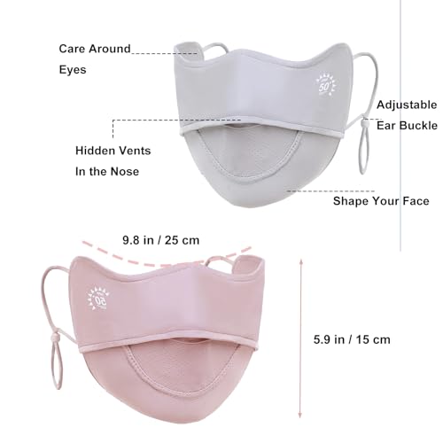 2Pcs UV Face Mask, Sun Masks for Women, Cooling Breathable Face Cover for Outdoors, Washable Reusable - color: Pink, Light Grey
