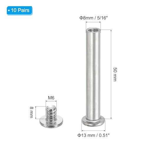 PATIKIL Hex Chicago Screws, 10 Set Binding Screw Posts M6 x 50 mm Connecting Hex Drive Socket Cap Bolt Nuts for Scrapbook Leather Belt Album Photo Furniture Repair, Silver - size: M6 x 50