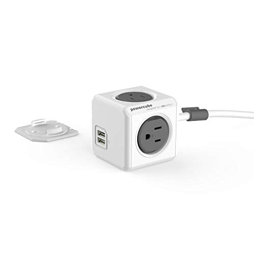 Allocacoc PowerCube Extended 4 Outlets 2USB, 5ft Power Strip Surge Protector 1875W 15A 125V 14AWG, No Blockage, Mounting Dock, Heavy Duty Travel Home Office Dorm Cruise Compact Space Saving, ETL - color: Grey