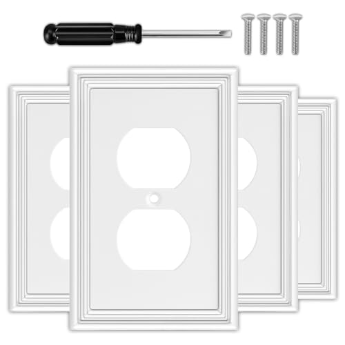 OKAYZIP White Decorative Outlet Covers Wall Plates - 4 Pack | Natural Material Electric Receptacle Cover Switch Plate Outlet Cover - Modern Style (1 Gang Single Duplex) - size: 1 Duplex 4 Pack