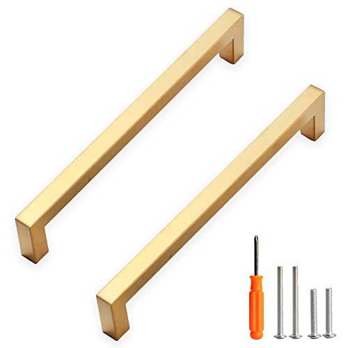 Cabinet Pulls Gold Cabinet Handles Square Drawer Pulls, 5 Pack 7-1/2 Inch Stainless Steel Kitchen Door Cupboard Cabinet Handles, Drawer Hardware Handles, 192mm Hole Centers - color: Gold, size: Two Hole - 7-1/2 inch Hole Centers(192mm)