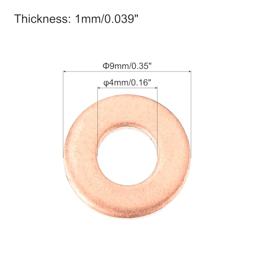 MECCANIXITY 52 Pcs Flat Copper Washers, 4x9x1mm Copper Upgraded Flat Metric Sealing Crush Ring Washers for Hydraulic Fittings Screw Bolt Nut Electronic Repair - size: 4x9x1mm