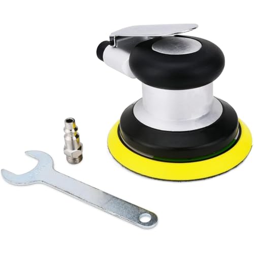 Random Orbital Air Sander 5" Pneumatic Palm Sander DA Sander, Low Vibration Noise Reduction, 12000 RPM, Hook & Loop, for Auto Body, Car Detailing, Wood, Metal Polishing & Buffing - size: 5 inch