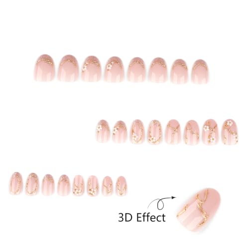 Mivota New Chinese Style 3D White Floral Press On Nails — Soft Nude Translucent Almond Nails with Gold Metal Lines, Pearls & Silver Glitter Accents, Elegant Handmade Bling Nail Set for Women - color: 82-Oval gold thread pearl flower