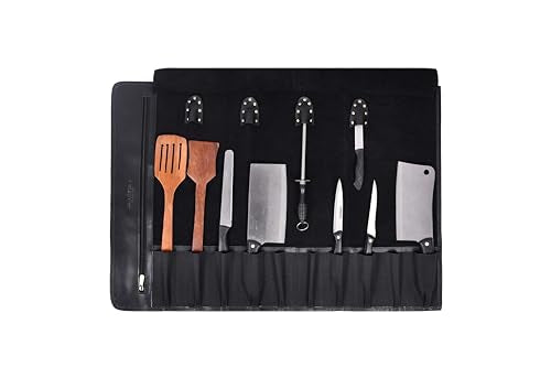 Leather Knife Roll Storage Bag, Elastic and Expandable 10 Pockets, Adjustable/Detachable Shoulder Strap, Travel-Friendly Chef Knife Case (Pitch Black, Leather) - color: Pitch Black