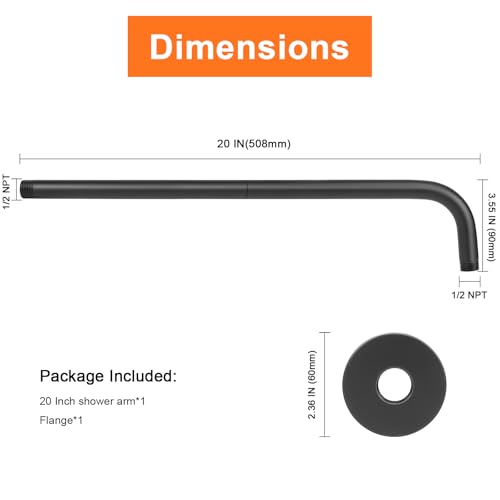 Shower Arm with Flange and Teflon Tape, Wall Mounted Shower Pipe 304 Stainless Steel Extension Arm for Fixed Shower Head & Handheld (20 Inch, Matte Black) - color: Matte Black, style: 20 Inch