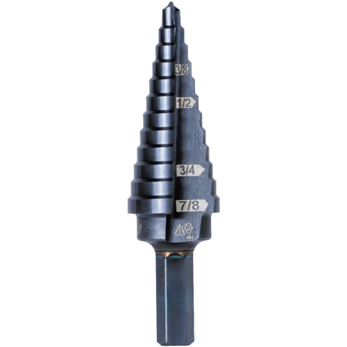 Klein Tools KTSB14 Step Drill Bit #14 Double-Fluted, 3/16 to 7/8-Inch with Easy-to-Read Step Markings and Targets, 3/8-Inch Hex Shank - size: 3/16 to 7/8-Inch, style: Standard