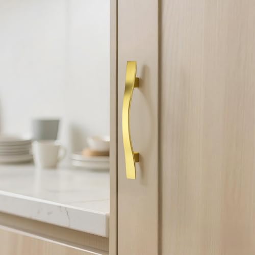 KNOBWELL 30 Pack 3 inch Hole Center Matte Gold Kitchen Cabinet Pulls,Wave Style Modern Dresser Pulls Hardware Kitchen Cabinet Handles for Bathroom Bedroom Vanity,Zinc Alloy - color: Brushed Gold, size: Hole Center：3 inch（76mm）