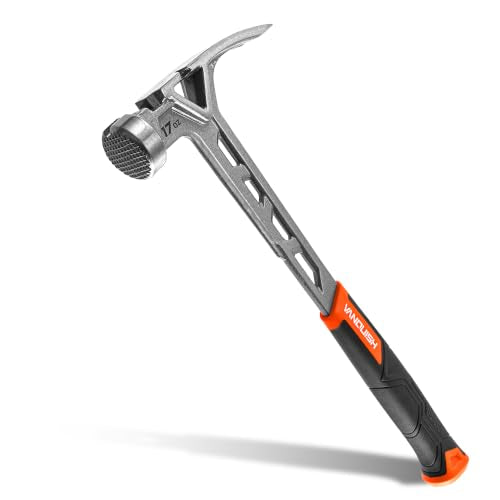 VANQUISH Framing Hammer 17oz One Piece Forged Straight Claw Hammer with Milled Face & Shock Reduction Grip, Claw Hammer with Magnetic Nail Holder Side Nail Puller, 0628-M - size: 17oz Milled Face