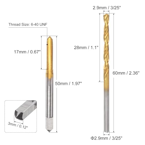 uxcell Tap & Drill Bit Set, 6-40 UNF Straight Flute Thread Tap and 3/25" (2.9mm) Twist Drill Bit, Titanium Coated M2 High Speed Steel Thread Repair Tapping Tools - size: 6-40 UNF + 3/25" (2.9mm)