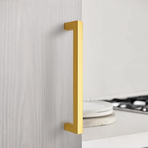 KNOBWELL 6Pack 6-3/10 Inch Brushed Gold Cabinet Pulls Stainless Steel Kitchen Cabinet Handles Square Drawer Pulls Modern Cabinet Hardware Handles，160mm Hole Centers - color: Brushed Gold, size: Hole Center:6-3/10 inch(160mm)