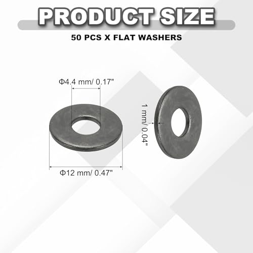 PATIKIL M4 Flat Washers 5/32" ID x 1/2" OD, 50 Pcs 304 Stainless Steel Metal Metric Washers Black Electroplated Flat Gasket Spacer for Screws and Bolts, Black - size: M4 x5/32"ID x 1/2"OD