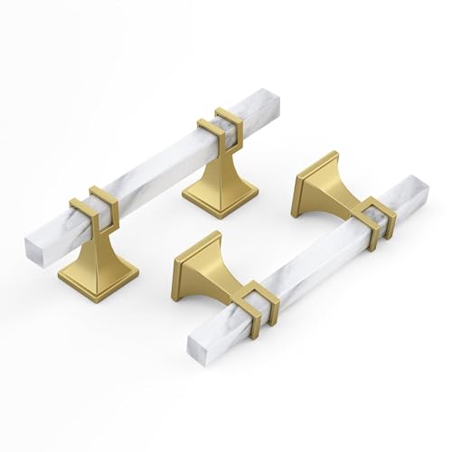 10 Pack 3 Inch White Marble Cabinet Pulls, Gold Cabinet Handles Marble Grain and Gold Pulls, Kitchen Cabinet Handles Square Dresser Drawer Pulls Kitchen Hardware - color: White Marble & Matte Gold, size: 3 inch (76mm) Hole Center Pull