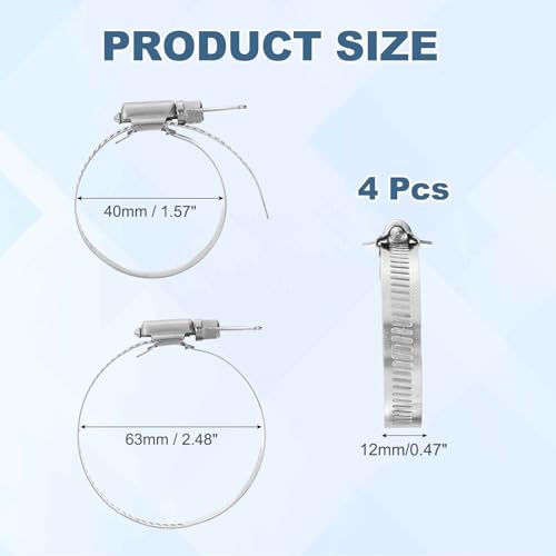 HARFINGTON 4pcs Hose Clamps 1.6"-2.5" (40-63mm) Adjustable 304 Stainless Steel Worm Gear Hose Clamps Assortment Kit for Plumbing Dryer Vent Automotive Dust Collector - size: 40-63mm