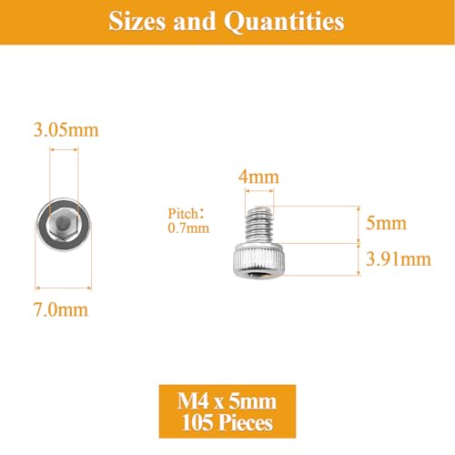 105 Pieces M4 x 5mm Socket Head Cap Screws, Thread Pitch 0.7mm, Sutemribor M4 Screws, 304 Stainless Steel, Fully Threaded, Silver - size: M4 x 5mm, style: Socket Head