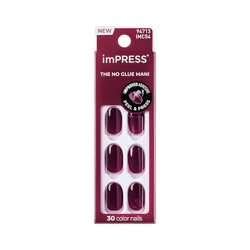 Kiss Impress No Glue Mani Press On Nails Kit, Over You, 30 Red Peel and Stick Nails, Super Slim Short Squoval, Glossy Gel Finish, PureFit Technology, Includes Prep Pad, Manicure Stick & Mini File - size: 1 Count (Pack of 30), style: Solid