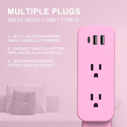 Electrical Outlet Extender Stick - Features USB-A, USB-C and 2 AC Outlets, Extends 22"-34", Rotates 180° Access Hard-to-Reach Outlets, Wall Plug Power Socket Expander Nightstands, Sofa, Desks and More - color: Pink