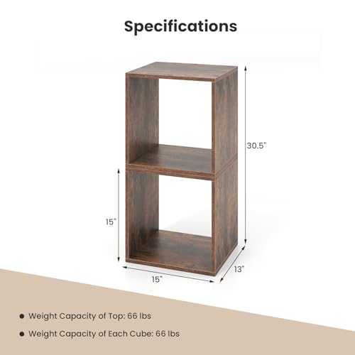 2 Stackable Cubes Bookcase, Wooden Cubby Storage Organizer - color: Rustic Brown