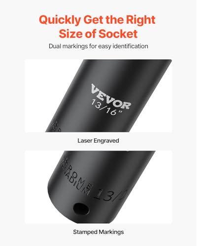 VEVOR Impact Socket Set 1/2 Inches 19 Piece, Deep Socket, 6-Point Sockets, Rugged Construction, Cr-V, 1/2 Inches Drive Socket Set Impact 3/8 inch - 1-1/2 inch, with a Storage Cage - size: 1/2" 19PCS Deep
