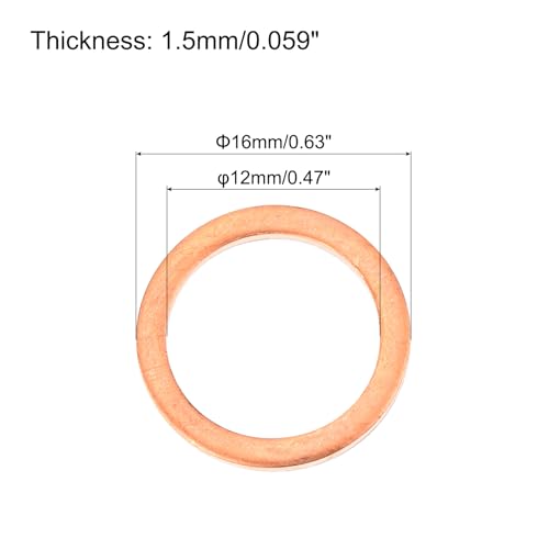 MECCANIXITY 52 Pcs Flat Copper Washers, 12x16x1.5mm Copper Upgraded Flat Metric Sealing Crush Ring Washers for Hydraulic Fittings Screw Bolt Nut Electronic Repair - size: 12x16x1.5mm
