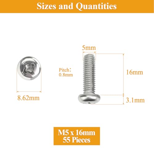 55 Pieces M5 x 16mm Machine Screws, Thread Pitch 0.8mm, Sutemribor M5 Phillips Pan Head Machine Screws, 304 Stainless Steel, Fully Threaded, Silver - size: M5 x 16mm, style: Phillips Pan Head