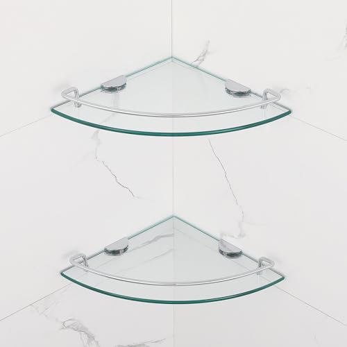 2 Ties Glass Corner Shelf with SUS 304 Stainless Steel Rail Chrome Finished, Esquinero para baños, Rustproof Tempered Glass Shelf, Shower Caddy Organizer 9.5" x 9.5" - size: 2 PACK With Rail