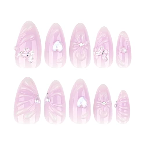 Mivota Luxury Soft Gel Press On Nails Medium Almond Nude Pink Jelly with 3D Butterfly & Pearl Design, Reusable Glue On Fake Nails for Women, Salon Manicure Set 24PCS - color: 3D-71 Light Purple Gradient
