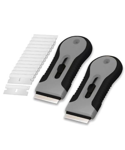 Bates- Razor Blade Scraper Tool, 2 Pack, 30 Extra Stainless Steel Blades, Anti-Slip Ergonomic Handle Design, Razor Scraper Set for Cleaning Window, Paint, Oven, Glass, Stove - color: Black & Gray