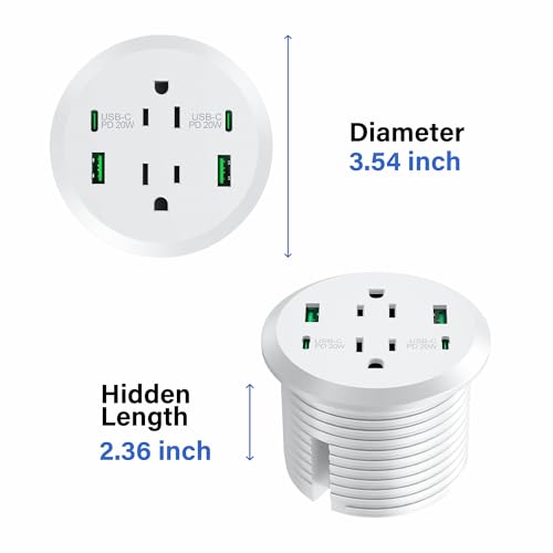 Desktop Power Grommet,GaN 65W USB C Fast Charging Station,2 AC Outlets,4 USB Ports in to the Top,Flush Mount Power Grommet 3'' Hole,Countertop Recessed Outlet White - color: White, size: 1 Pack