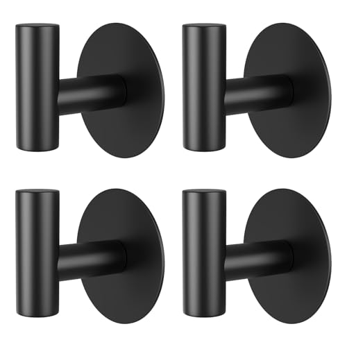 Self-Adhesive Coat Hooks, Stainless Steel Heavy Duty Wall Hooks, Towel Hooks for Hanging Robes, Aprons, Coats and Hats in Bathrooms,Kitchens and Hotels(Black, 4 Pack) - color: Black, size: Adhesive "T" Shape- 4 Pack