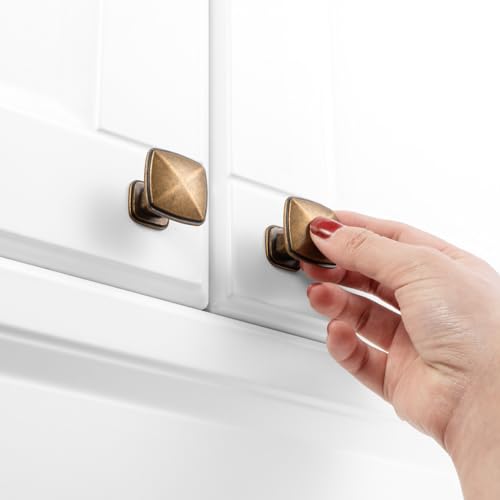 KOOFIZO 10 Pack Antique Brass Cabinet Knobs Brass Drawer Knobs K02 Square Single Hole Cabinet Pulls for Cabinets Drawer Dresser Cupboard Bedroom Closet Bathroom Vanity - color: Antique Brass, size: Knob 1 - 10Pcs