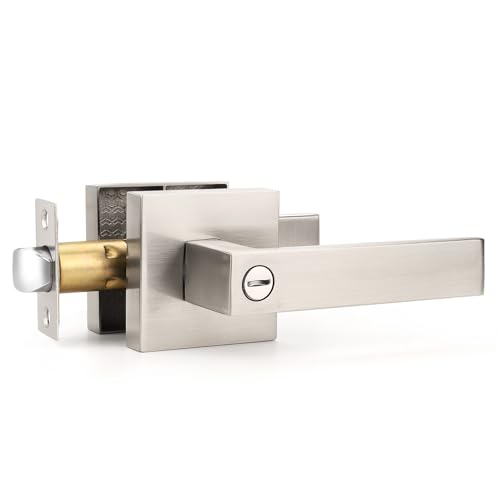Gobrico Privacy Square Brushed Nickel Door Handles Interior, Keyless Door Knobs for Bed/Bath, Reversible for Left Right Handed Doors, 1 Pack - color: Silver