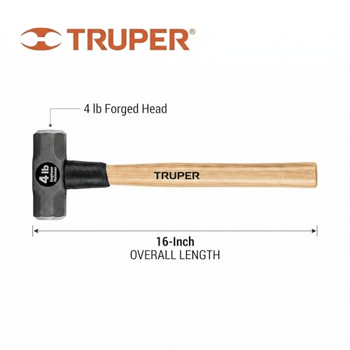 Truper 4 lb Engineer Hammer, 16-Inch Premium Hickory Wood Handle, Double-Faced Forged High-Carbon Steel Heavy-Duty Hand Sledge Hammer (Model 30915 / MD-4H) - size: 4-Pound Engineer Hammer, style: Hickory Handle