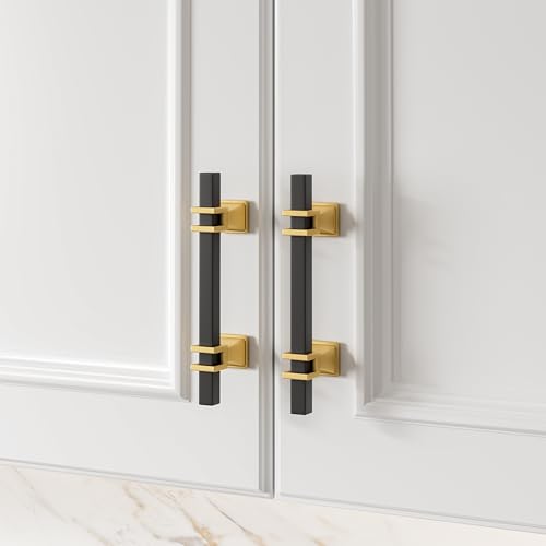 Haliwu 10 Pack 3-3/4 Inch Black and Gold Cabinet Pulls Zinc Kitchen Handles - color: Black & Matte Gold, size: Hole Center Spacing：96mm (3-3/4 inch)