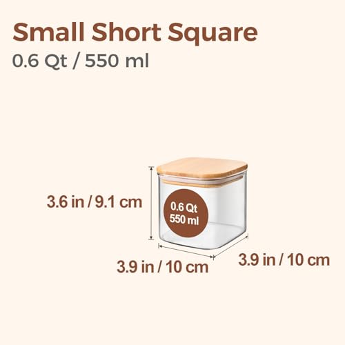 ComSaf Square Glass Containers with Lids 0.6 Qt, Set of 6 Small Glass Jars | Small Glass Canisters, Spice Jar, Pantry Organization, Snack, Cookie, Coffee Bar Organization, Size For Subpackage, BPA Free - size: 0.6Qt*6