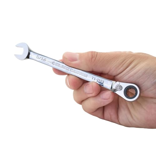 BLACK CANYON 5/16 Inch Ratchet Combination Wrench, 12-Point Box End & Hex Opening, Polished Steel Ratcheting Wrench with SAE & Metric Sizes - size: 5/16 Inch, style: Inch
