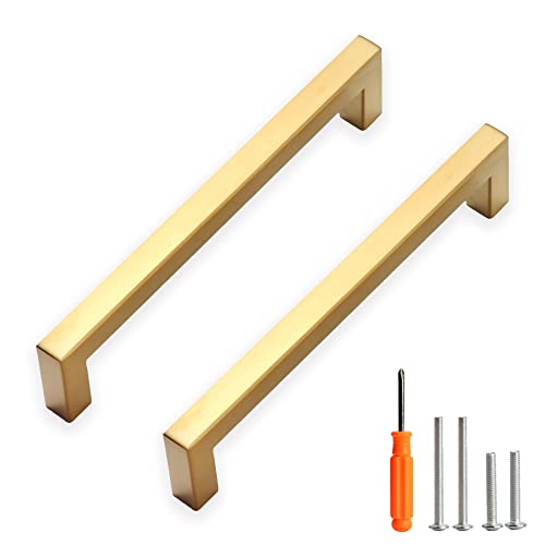 Cabinet Pulls Gold Cabinet Handles Square Drawer Pulls, 5 Pack 6-1/4 Inch Stainless Steel Kitchen Door Cupboard Cabinet Handles, Drawer Hardware Handles, 160mm Hole Centers - color: Gold, size: Two Hole - 6-1/4 inch Hole Centers(160mm)