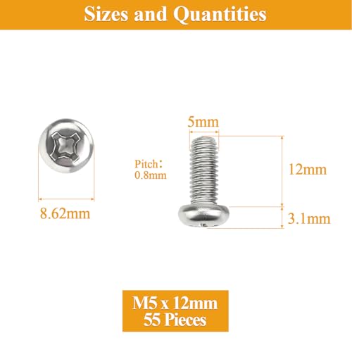 55 Pieces M5 x 12mm Machine Screws, Thread Pitch 0.8mm, Sutemribor M5 Phillips Pan Head Machine Screws, 304 Stainless Steel, Fully Threaded, Silver - size: M5 x 12mm, style: Phillips Pan Head
