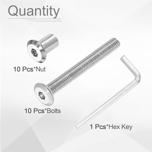 HARFINGTON 10 Set M6x50mm Hex Drive Socket Cap Bolt and M6x12mm Nuts with M4 Hex Wrench, Furniture Connector Bolts and Screws for Furniture Countersunk Belt, Silver - size: M6x50mm, M6x12mm
