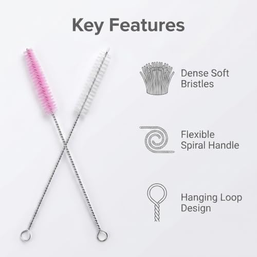 Straw Cleaner Brush, Reusable Metal Handles Straw Cleaner Brush Extra Long for Stanley Mug 40, 30, 20 oz, 10mm Wide for Sippy Cup, Water Bottle and Tubes - color: Clear+Pink