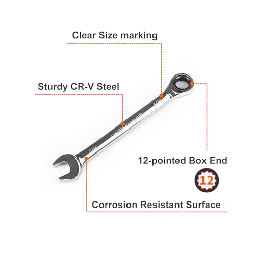 Egofine 5/16 inch Ratcheting Combination Wrench SAE, Industrial Grade Gear Spanner with 12-Point Design, 72-Tooth Ratchet, Chrome Vanadium Steel - size: 5/16"