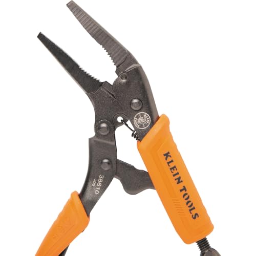 Klein Tools 38610 Locking Plier, Long Nose with Lever Release Handles, High Torque, Ideal for Tight Spaces, 4-Inch - style: 4-In Long Nose