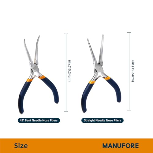 MANUFORE 2-Piece 6 Inch Mini Needle Nose Pliers Set, Straight and 45° Bent - color: Blue