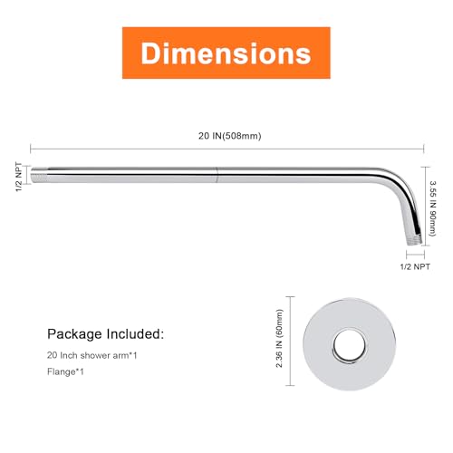 Shower Arm with Flange and Teflon Tape, Wall Mounted Shower Pipe 304 Stainless Steel Extension Arm for Fixed Shower Head & Handheld (20 Inch, Chrome) - color: Chrome, style: 20 Inch