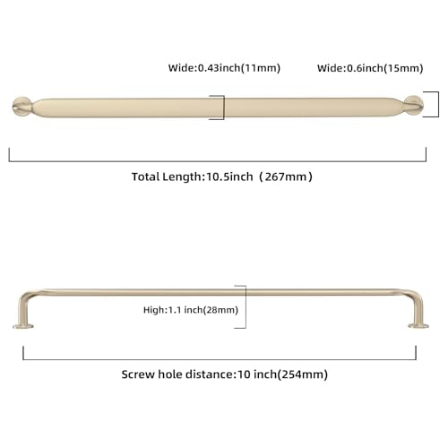 10 Pack 10 Inch Cabinet Pulls Brushed Brass Kitchen Cabinet Handles Zinc Alloy Drawer Pulls Solid Cabinet Hardware - color: Brushed Brass, size: 10'' Hole Center(254mm)