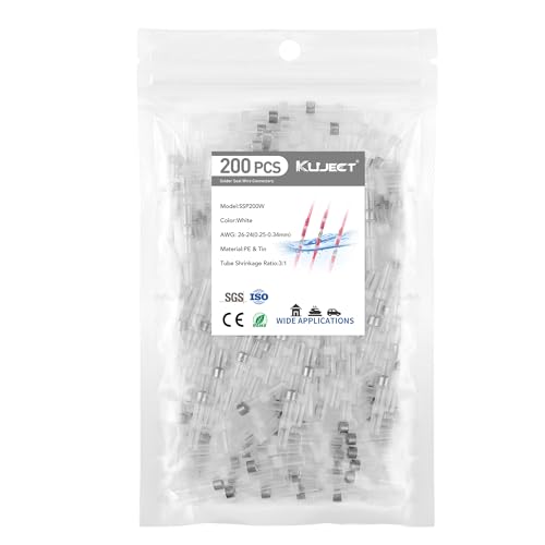 Kuject 200PCS Solder Seal Wire Connectors AWG 26-24, White Solder Seal Heat Shrink Butt Connectors Terminals Waterproof Wire Splice Connector for Marine Boat Wire Joint - size: AWG 26-24 White